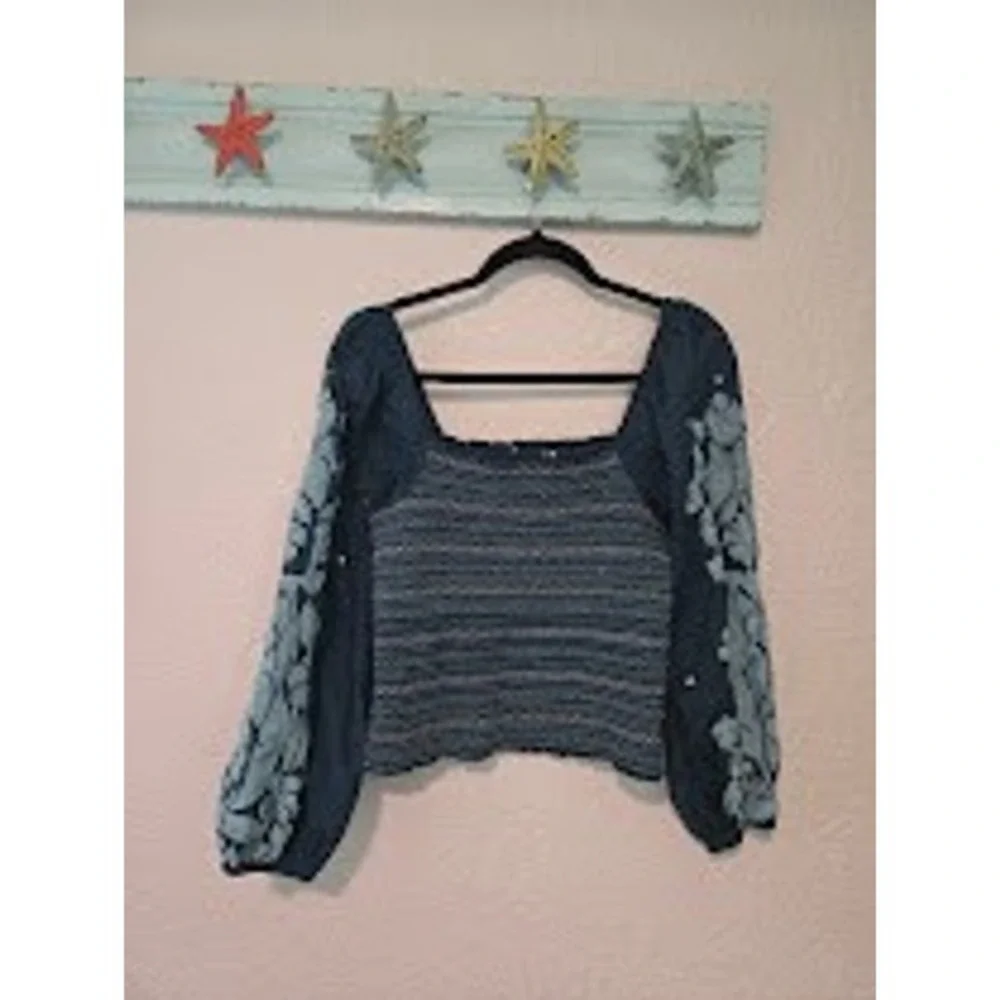 Anthro Blue Embroidered Top
